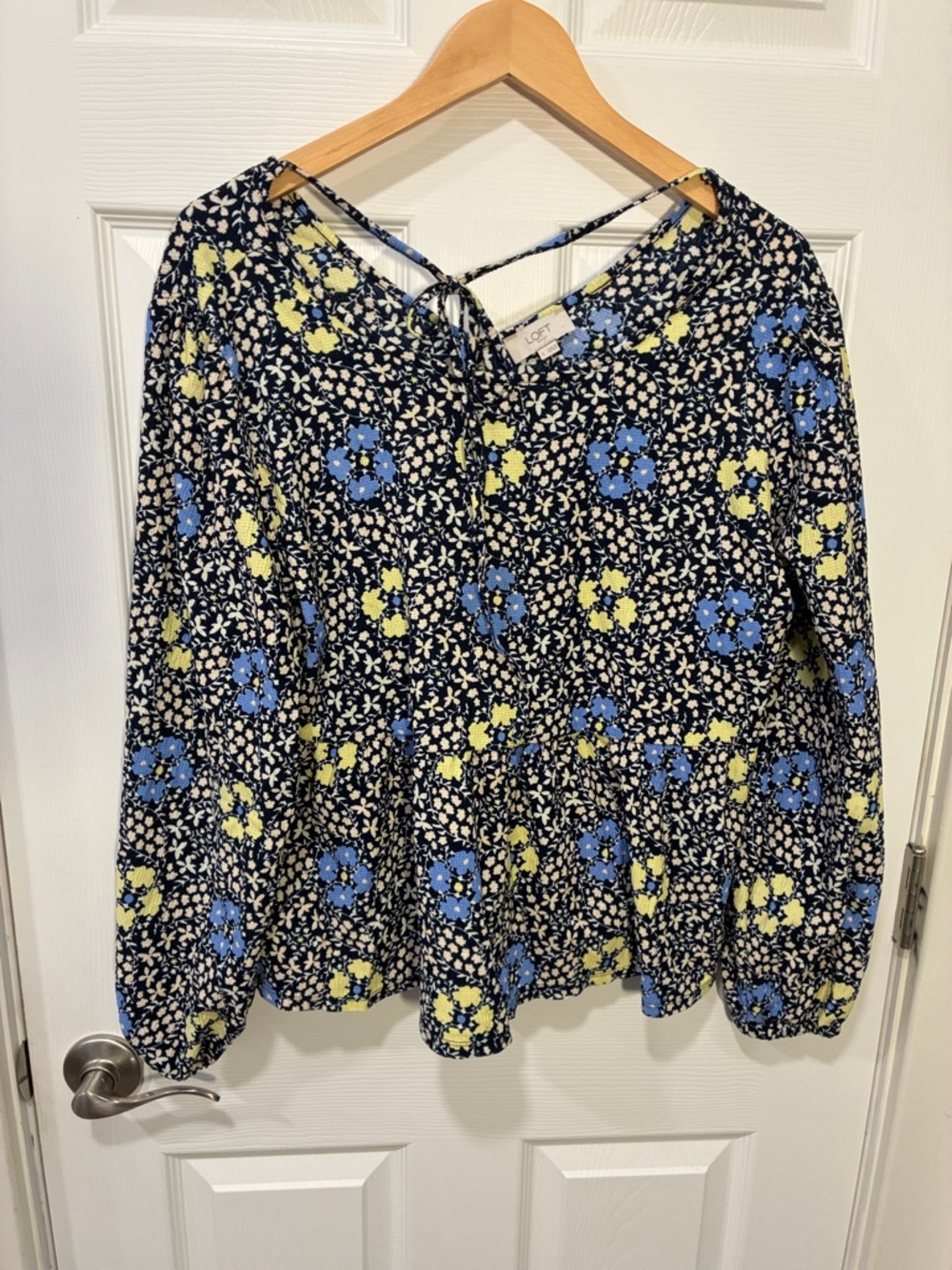 LOFT Navy Floral Tie-Neck Peasant Blouse - Blue & Yellow